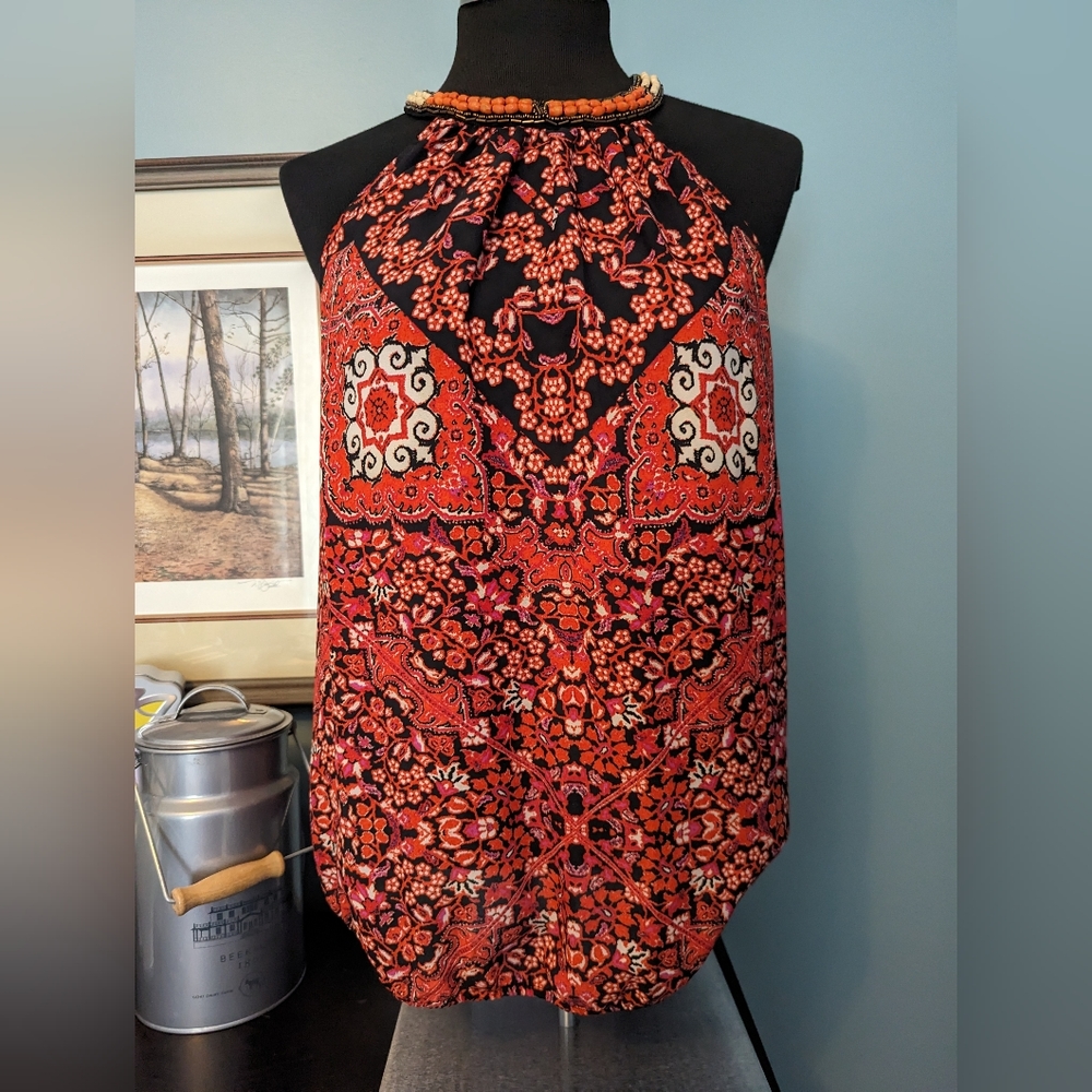 XOXO halter top with beaded neck. Red, white, and black print, size Large